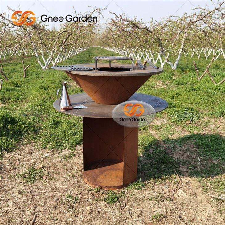 Corten Metal Fire Pit With Barbecue Grill